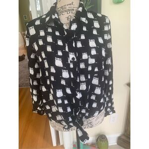 Love Notes Black Front Tie Cats Cat Lover Feline Blouse Shirt Top